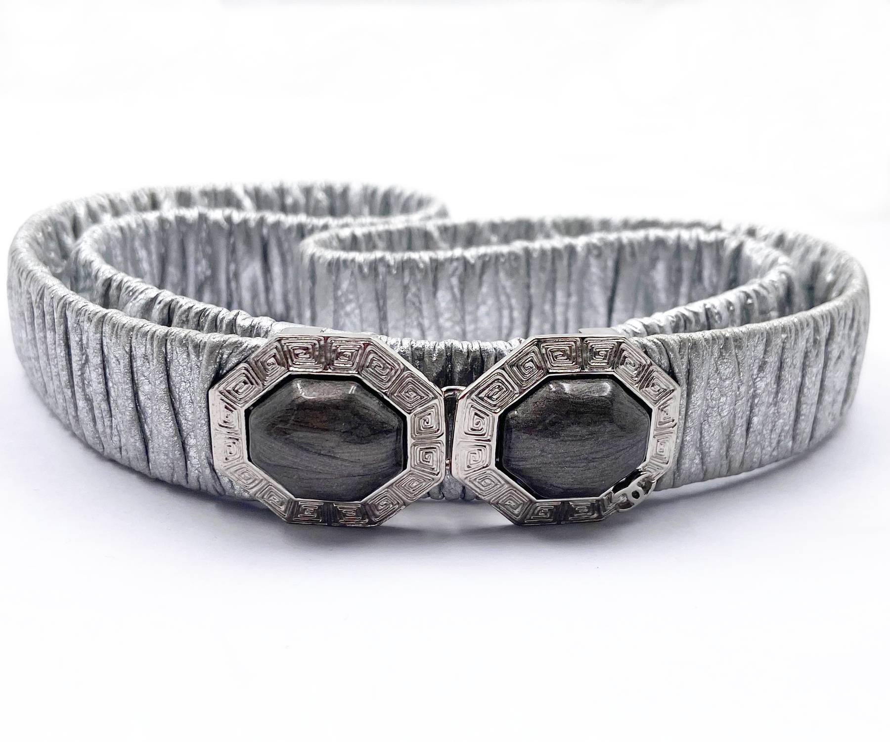 Chanel Silver Hexagon Grey Stone Leather Elastic Belt