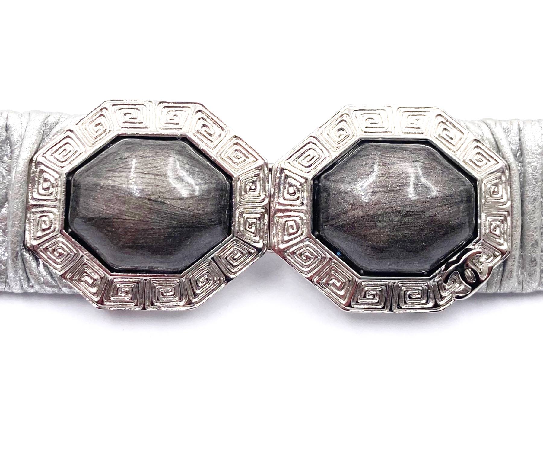 Chanel Silver Hexagon Grey Stone Leather Elastic Belt - Image 3