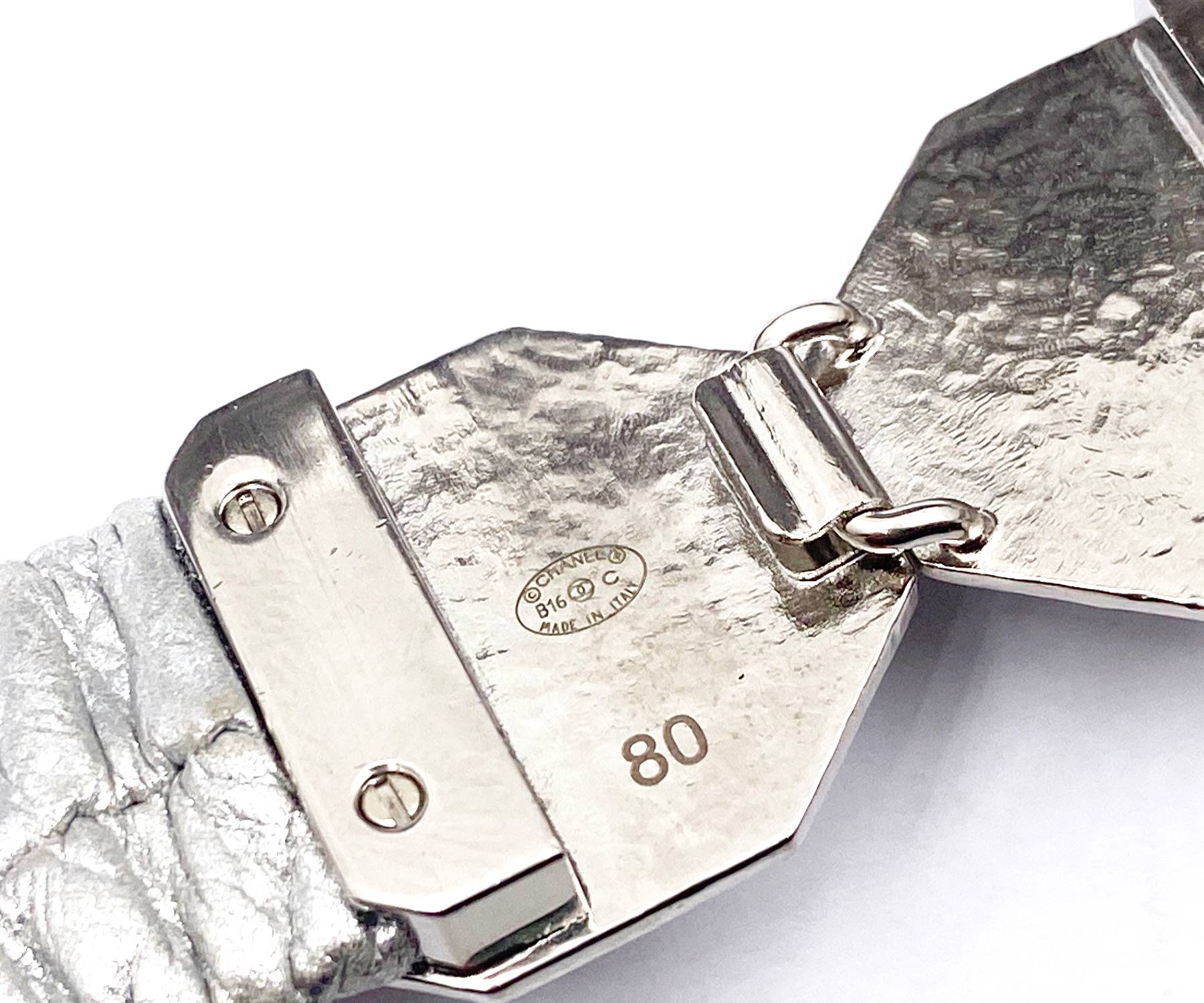 Chanel Silver Hexagon Grey Stone Leather Elastic Belt - Image 4