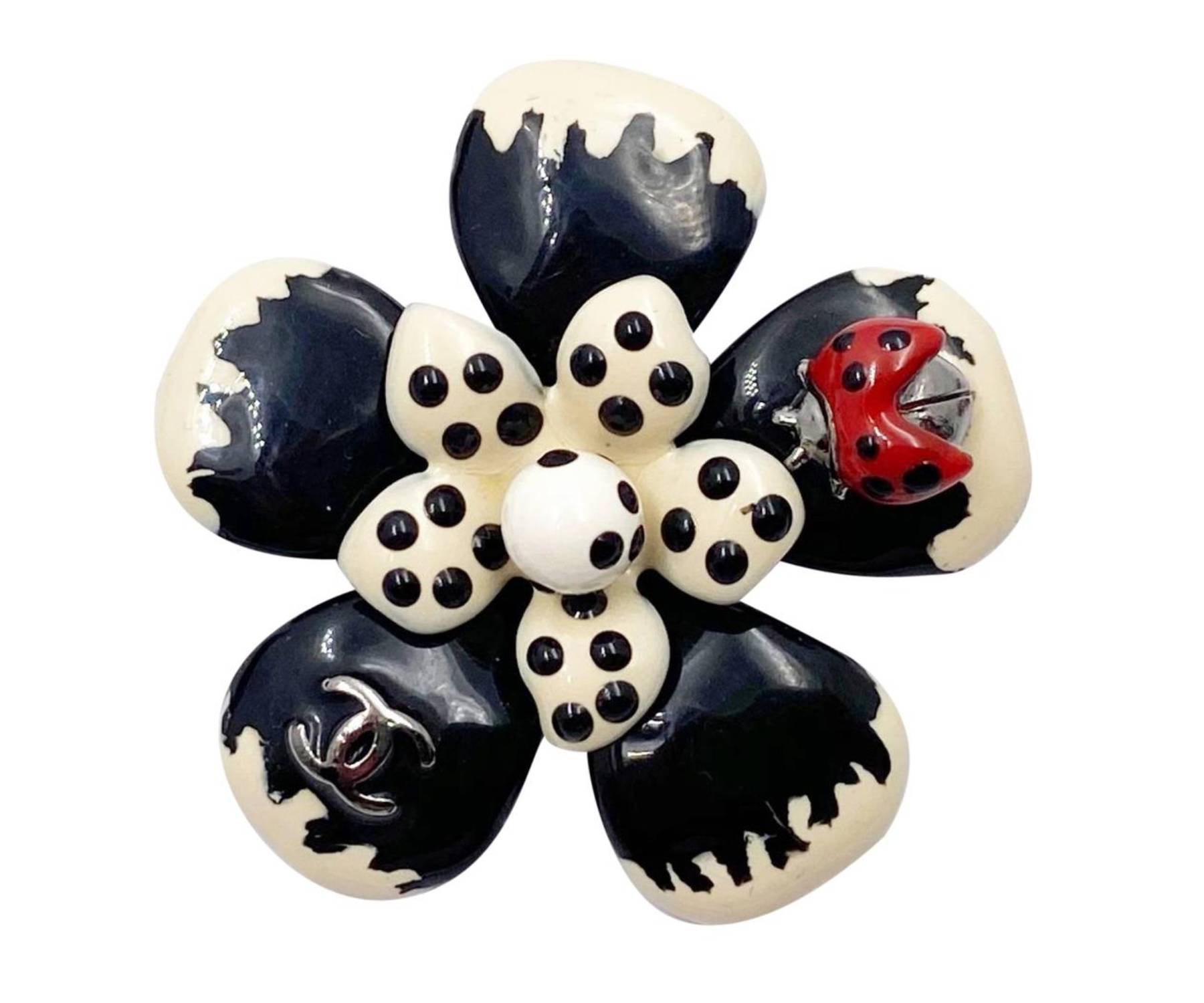 Chanel Rare Silver cc Ivory Black Polka Dot Flower Lady Bug Pendant Brooch