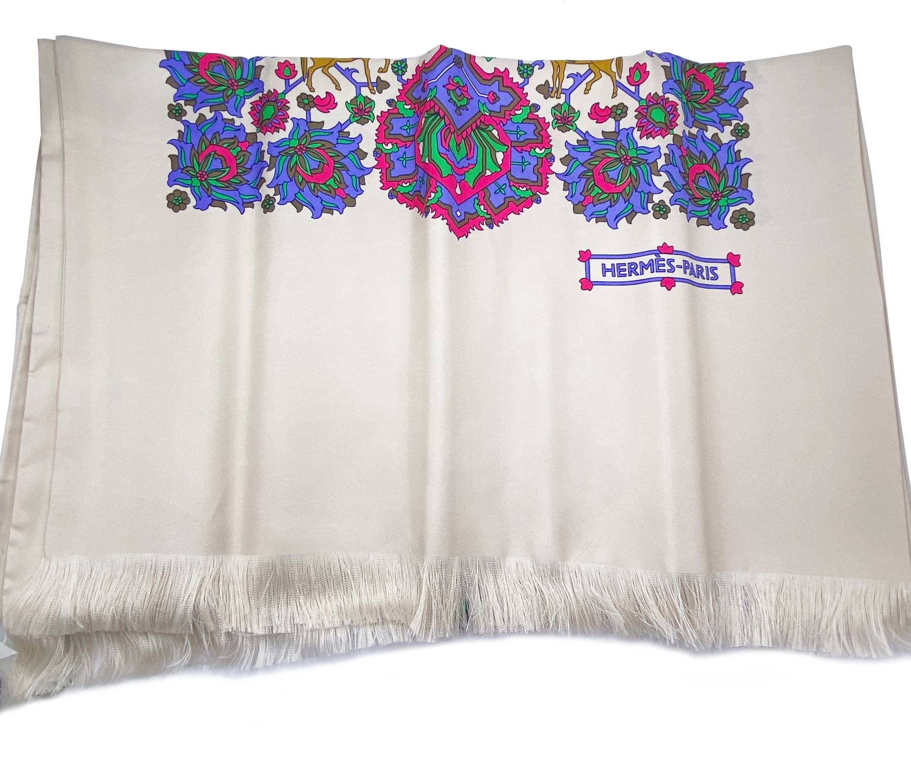 Hermes Ivory Persian Colorful Silk Satin long Scarf
