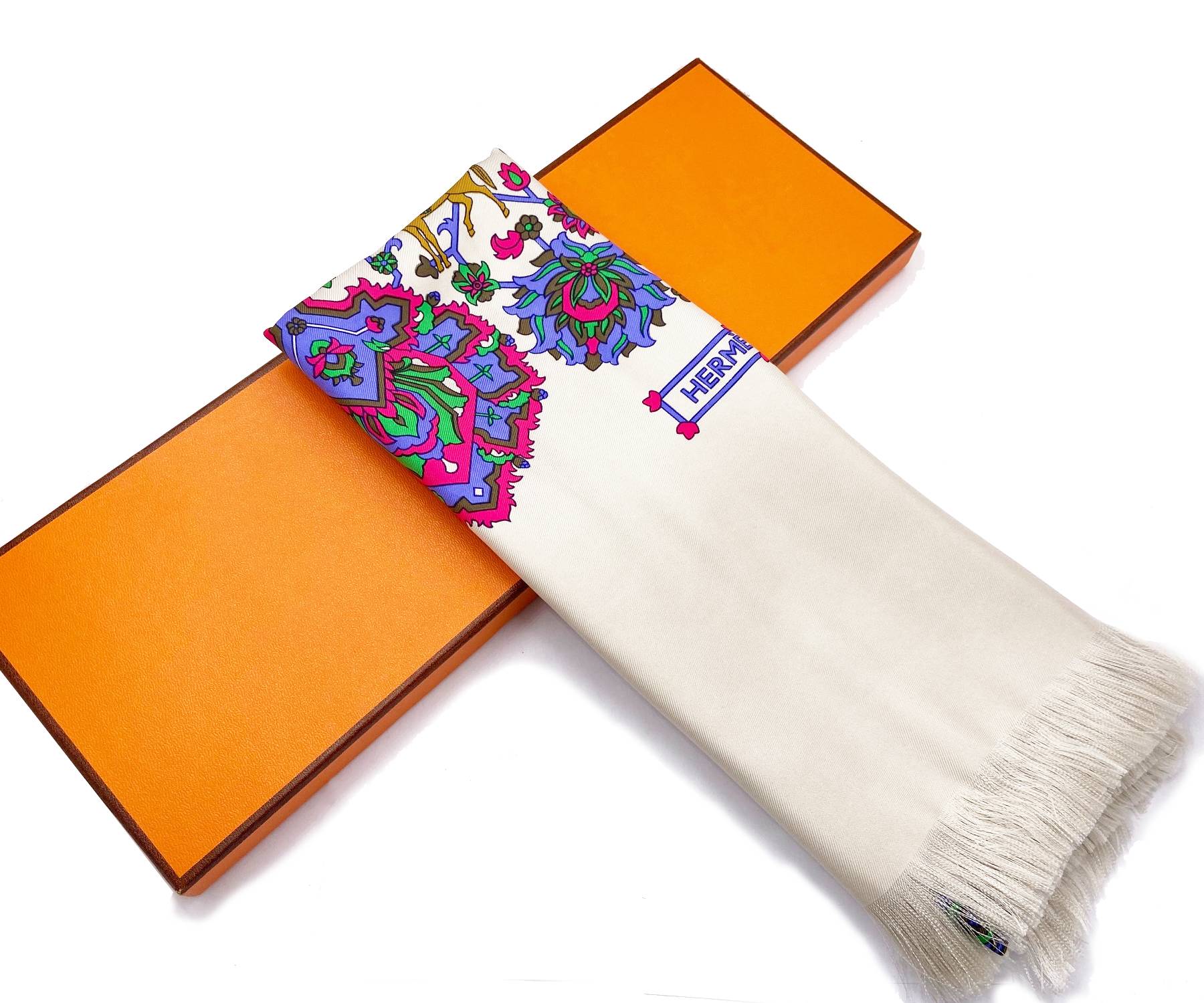 Hermes Ivory Persian Colorful Silk Satin long Scarf - Image 3