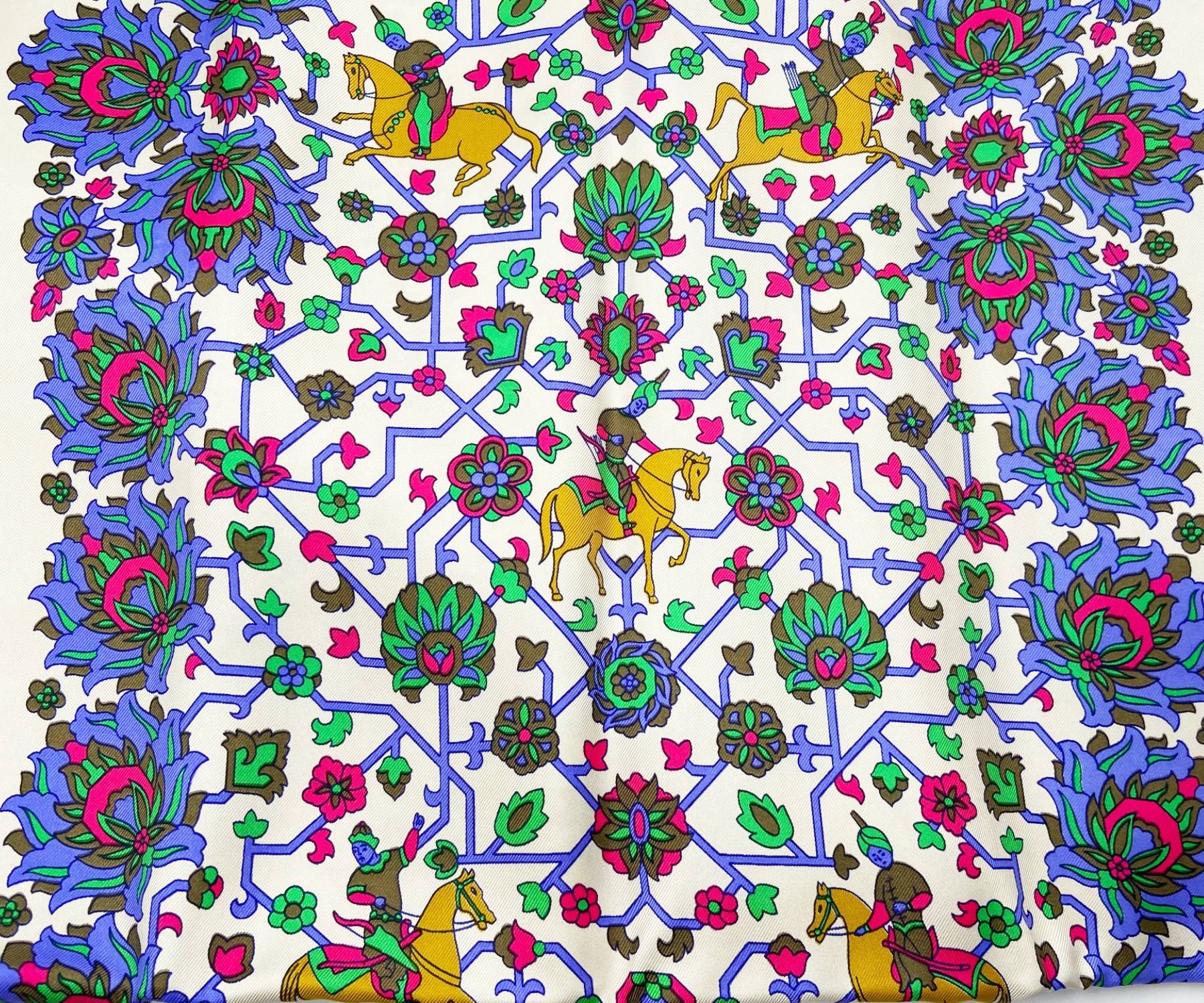 Hermes Ivory Persian Colorful Silk Satin long Scarf - Image 5