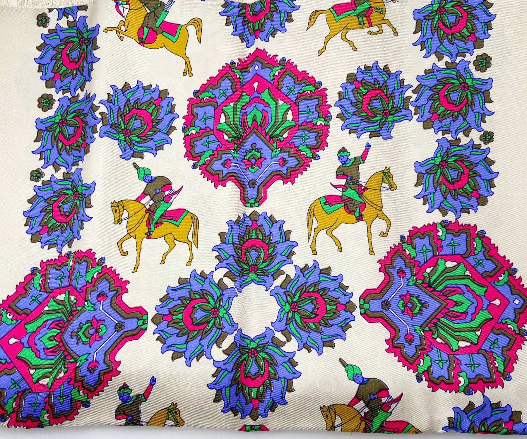Hermes Ivory Persian Colorful Silk Satin long Scarf - Image 4