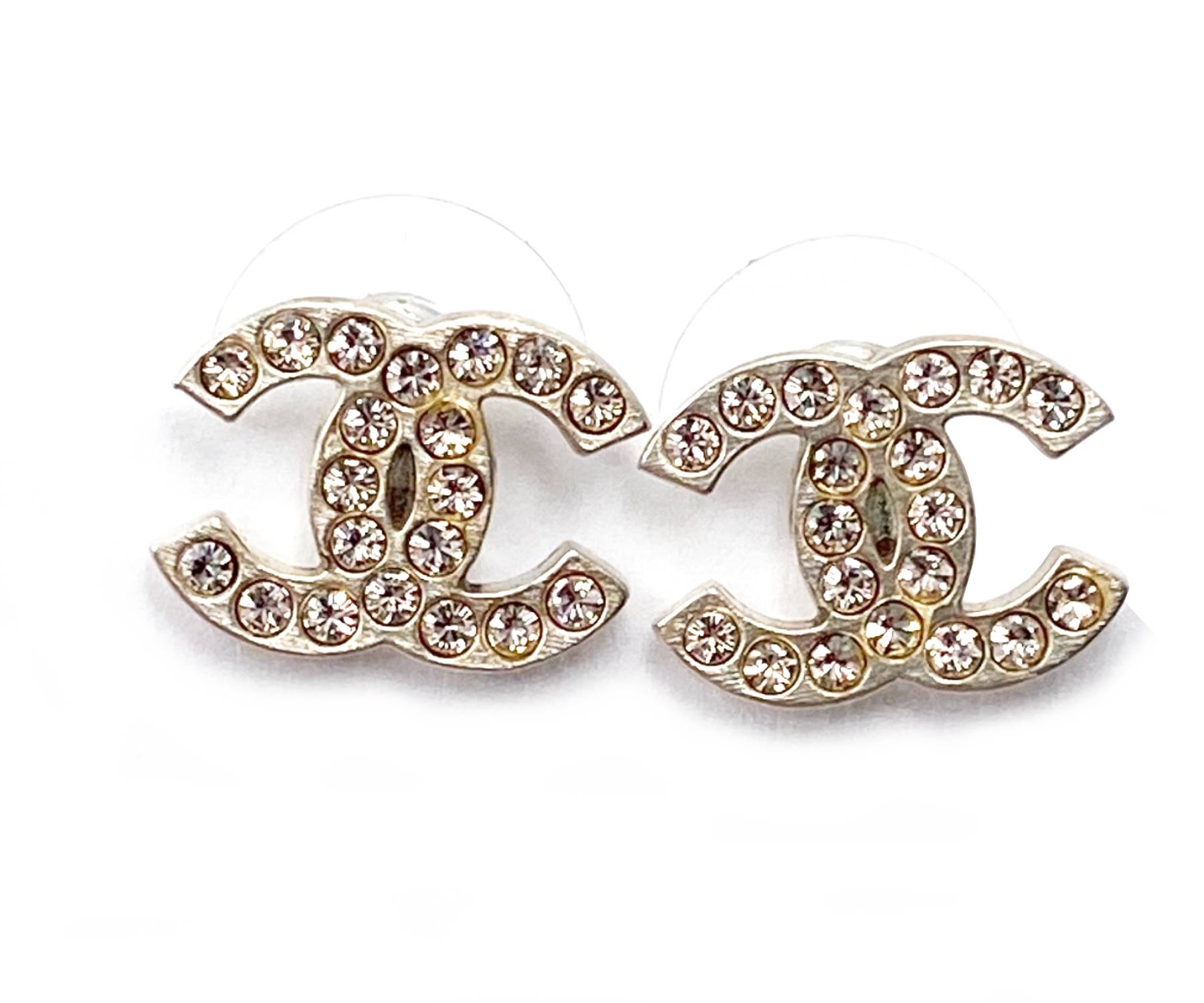 Chanel Champagne Gold CC Pale Pink Crystal Piercing Earrings
