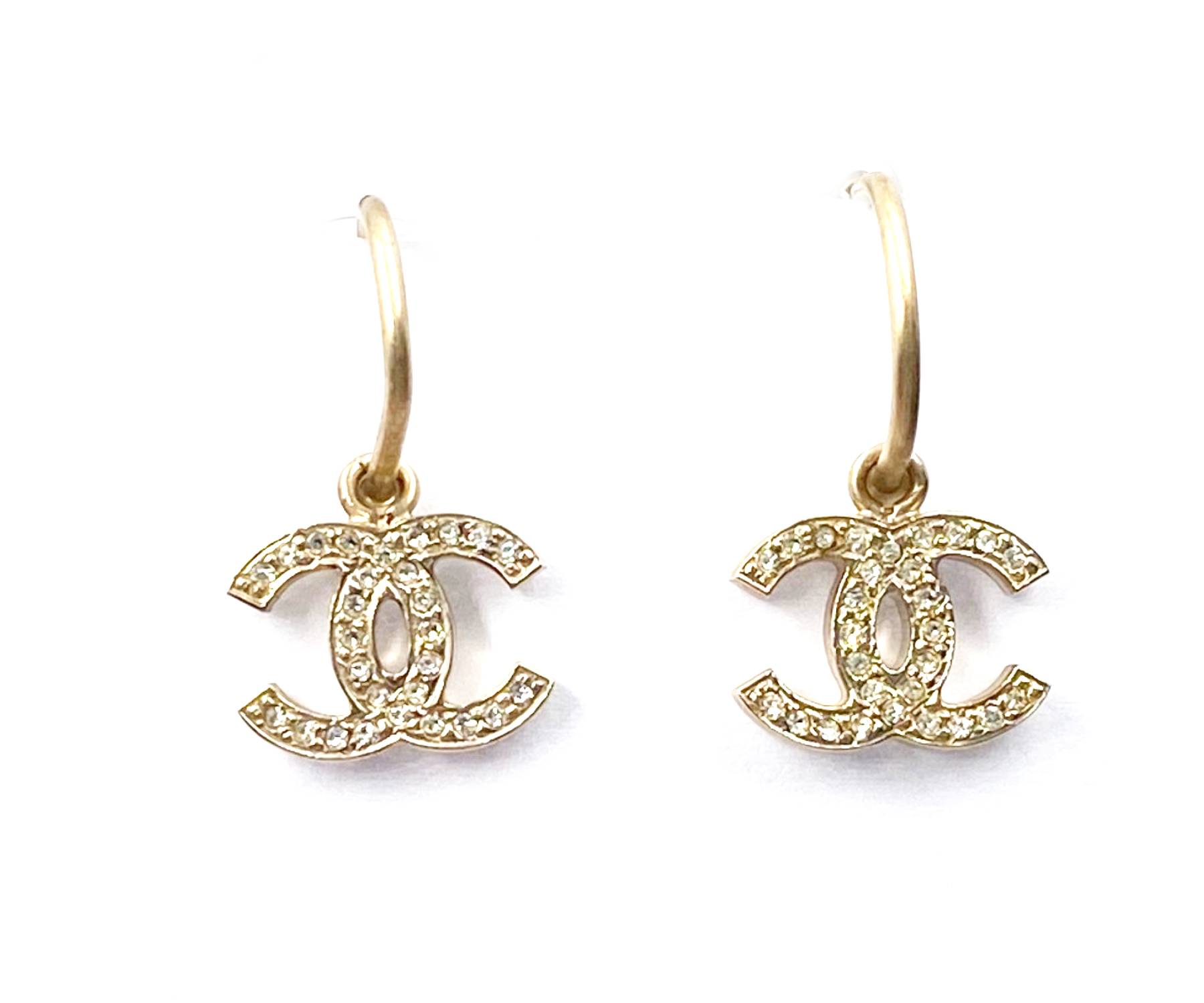 Chanel Classic Gold CC Crystal Moscova Hoop Piercing Earrings