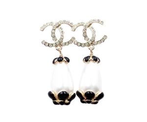 Chanel Brand New Gold Scallop CC Black Flower Pearl Large Piercing Earrings
