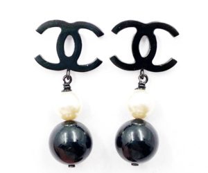 Chanel Black CC Pearl Black Bead Dangle Piercing Earrings
