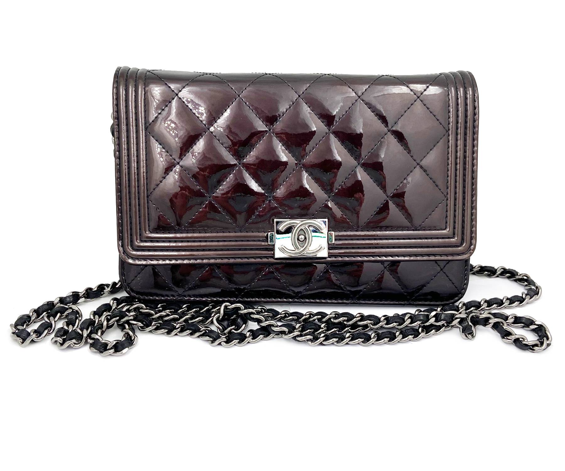 Chanel Burgundy Patent Leather Boy Wallet on Chain WOC Crossbody