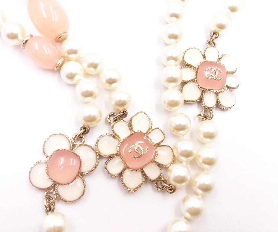 Authentic Chanel Gold CC White Pink Enamel Flower Collection - LAR