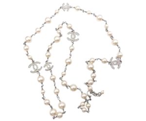 Chanel Classic 5 Silver CC Crystal Faux Pearl Long Necklace