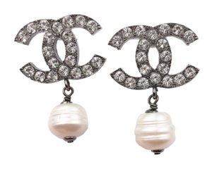 Chanel Gunmetal CC Crystal Faux Baroque Pearl Dangle Piercing Earrings