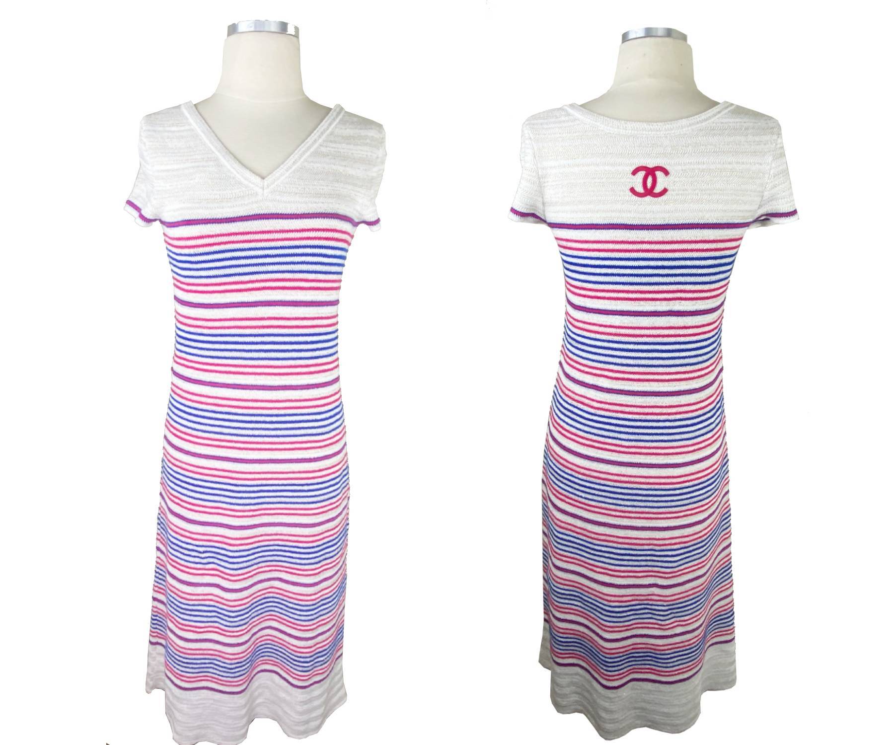 Chanel Brand New Reversible Ivory Blue Red Stripe Cashmere Linen Maxi Dress - Image 4