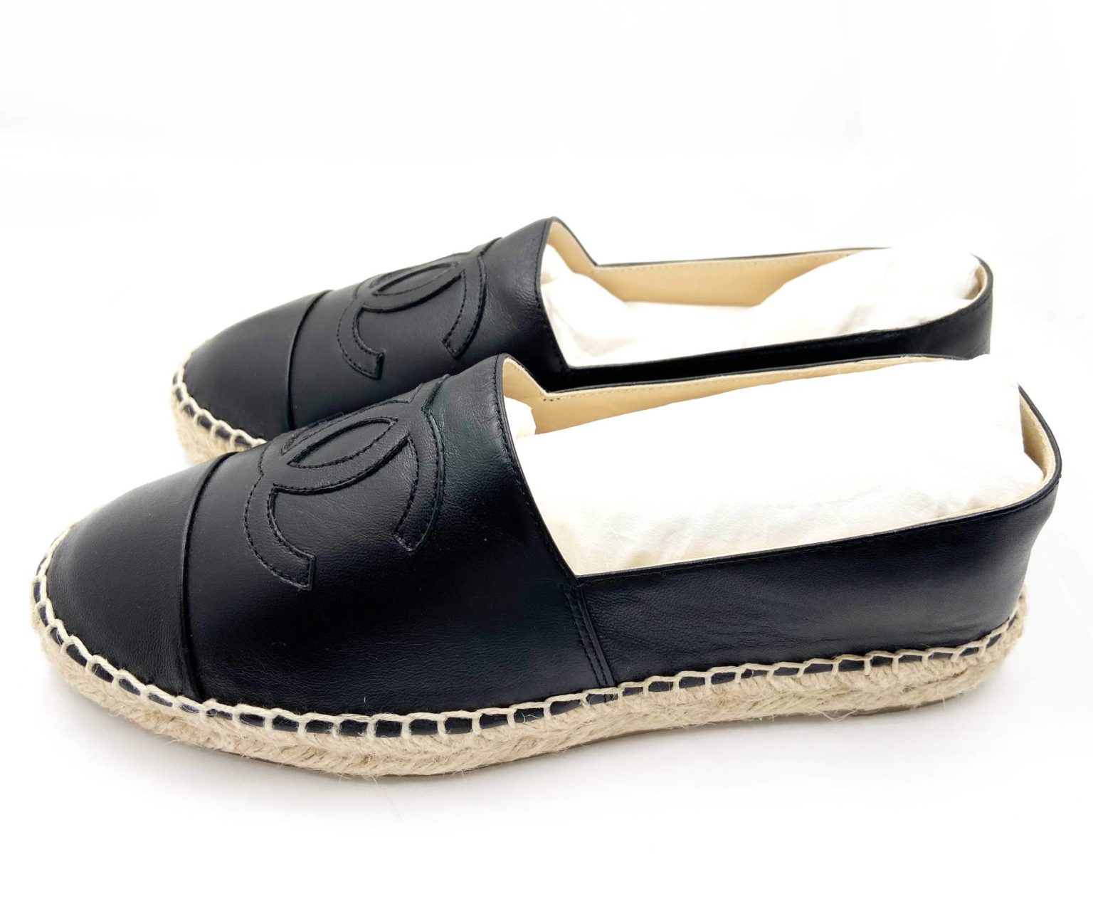 Chanel Brand New Black Leather Espadrilles Flats - LAR Vintage