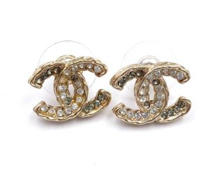 Chanel Gold Twisted CC Silver Grey Crystal Piercing Earrings