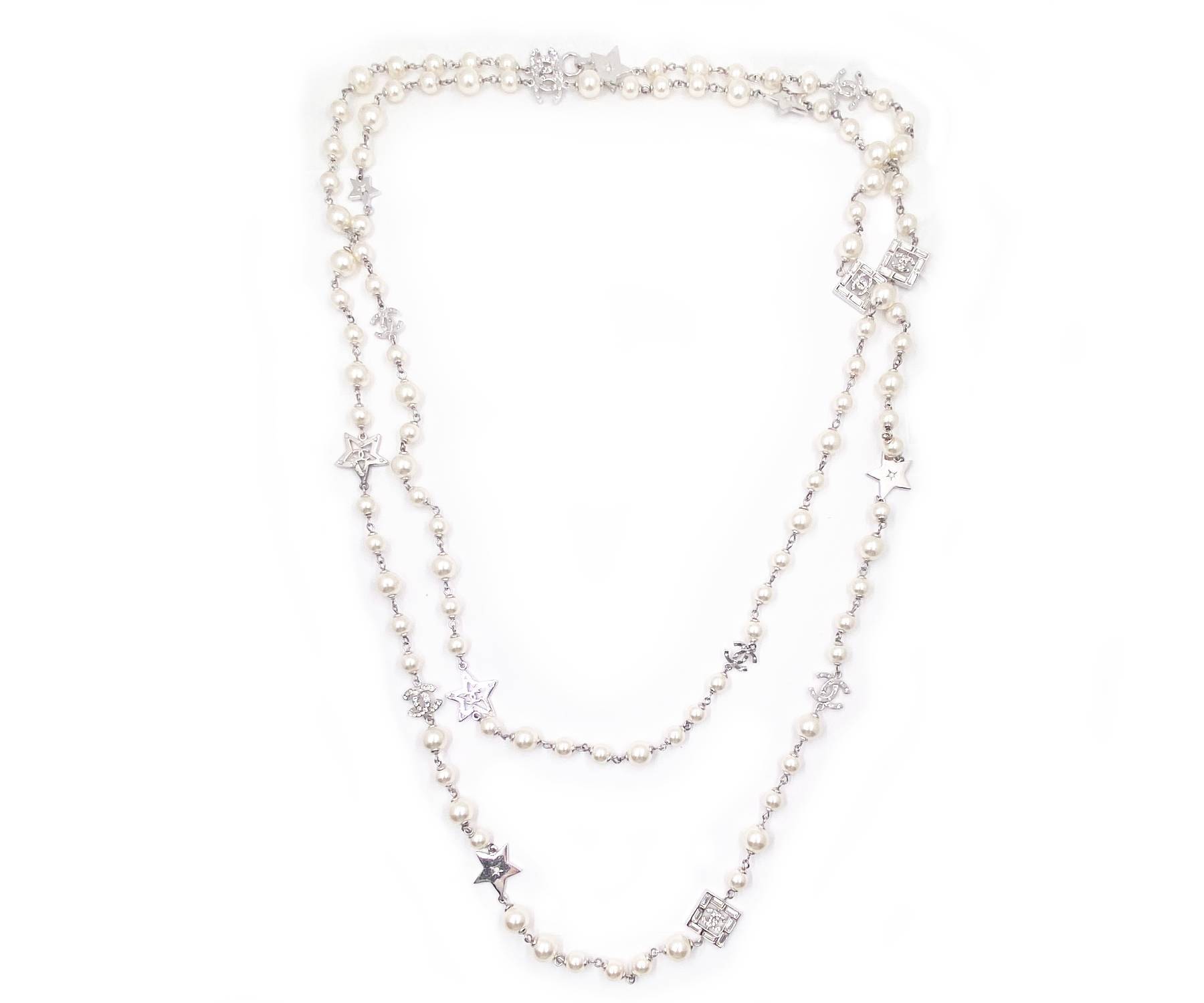 Chanel Rare Silver CC Star Crystal Faux Pearl 188cm Long Necklace - LAR  Vintage