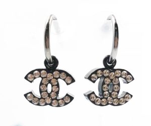 Chanel Black CC Shiny Silver Crystal Dangle Hoop Piercing Earrings