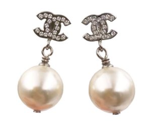 Chanel Brand New Classic Silver Crystal CC Faux Pearl Dangle Piercing Earrings