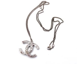 Chanel Silver CC Baguette Crystal Glitter 2 Face Necklace