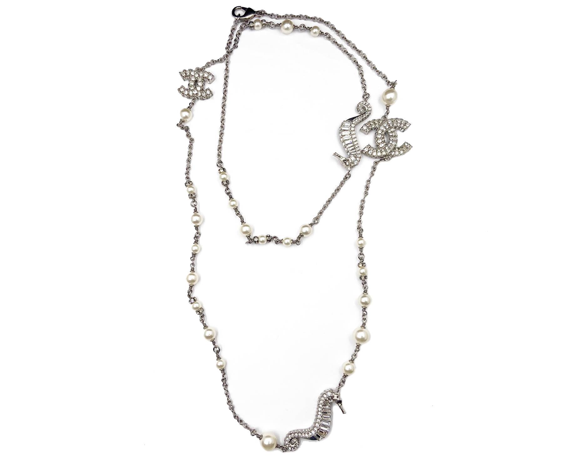 Chanel Super Rare Silver CC Crystal Seahorse Pearl Necklace