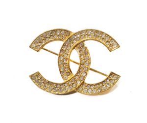 Chanel Vintage Classic Gold Plated CC Silver Crystal Brooch