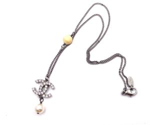 Chanel Gunmetal CC Crystal Pearl Dangle Stone Necklace