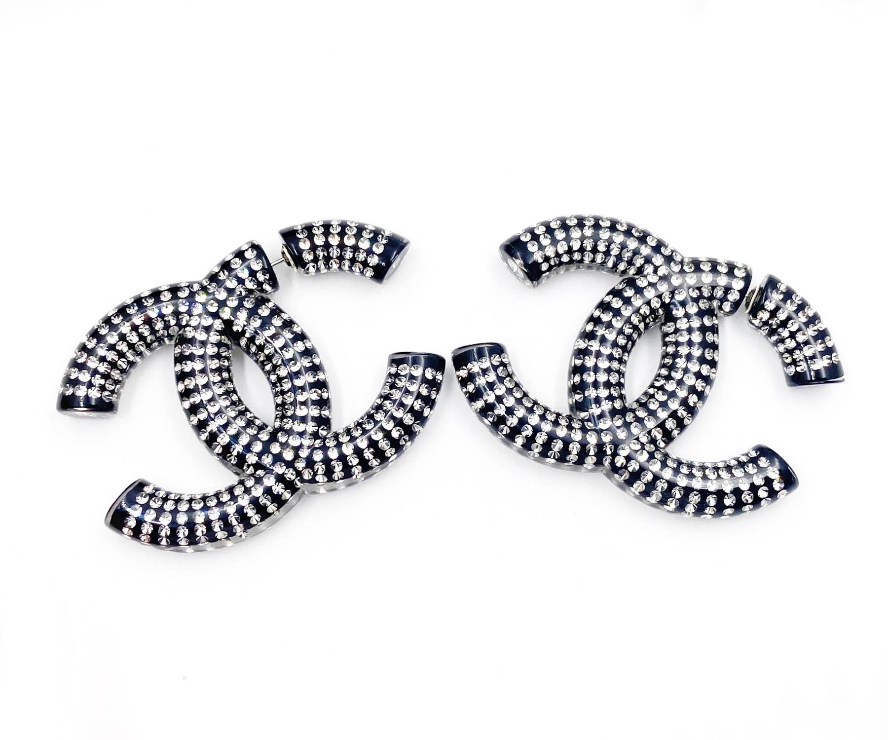 Chanel Brand New Black CC Resin Crystal XL Piercing Earrings