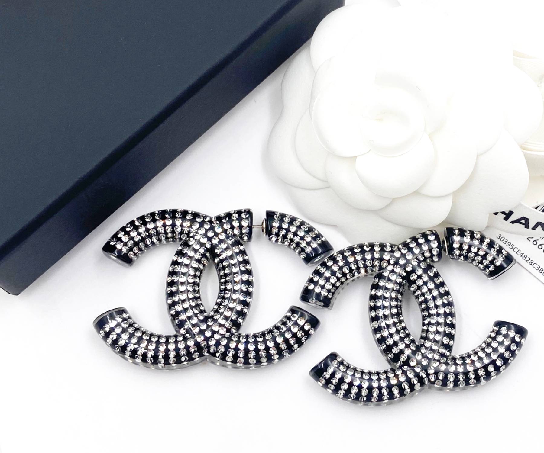 Chanel Brand New Black CC Resin Crystal XL Piercing Earrings - Image 2