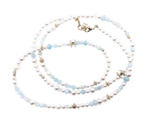 Chanel Brand New Gold CC Aquamarine Fresh Water Pearl Necklace