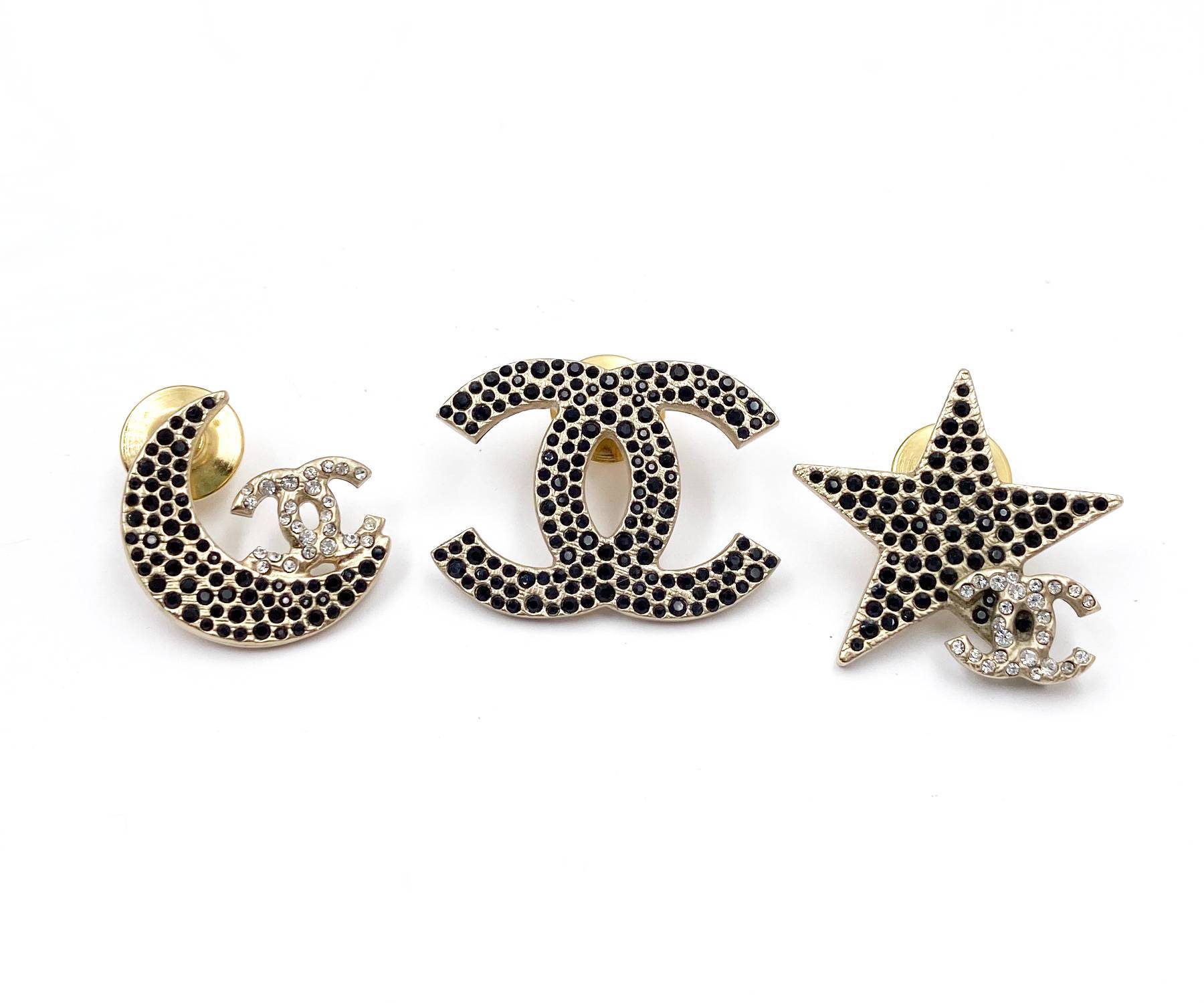 Chanel Rare Gold CC Moon Star Black Crystal 3 Pins