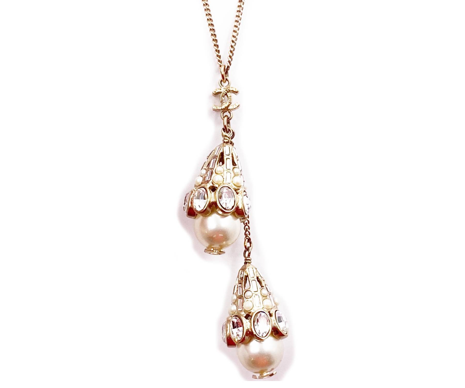 Chanel Rare Gold CC Crystal Pearl Tear Drops Necklace