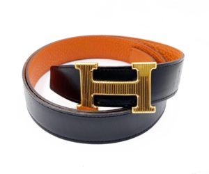 Hermes Rare Constance 32mm Gold Stripy H Black Orange Reversible Belt 90cm