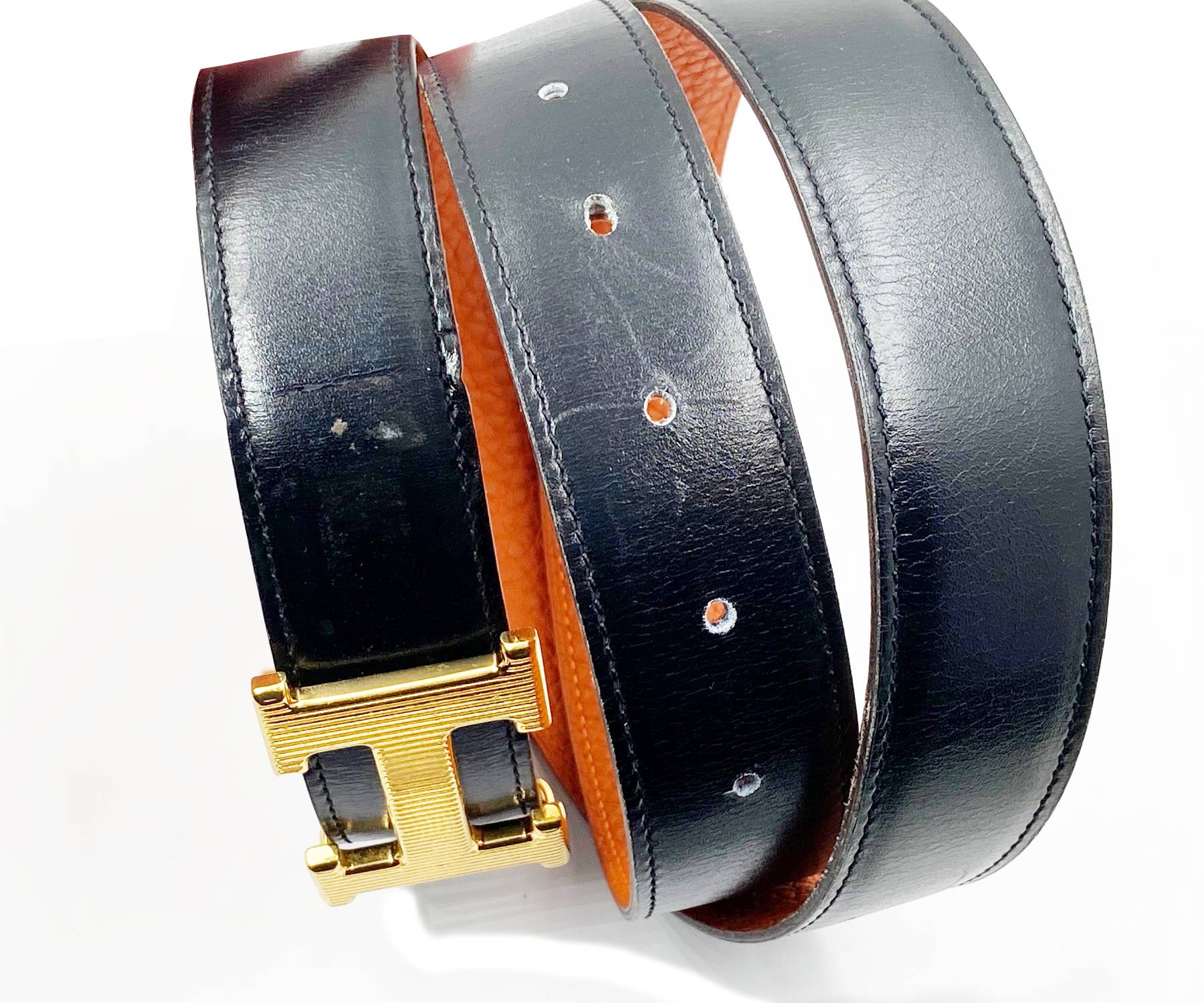 Hermes Rare Constance 32mm Gold Stripy H Black Orange Reversible Belt 90cm - Image 3