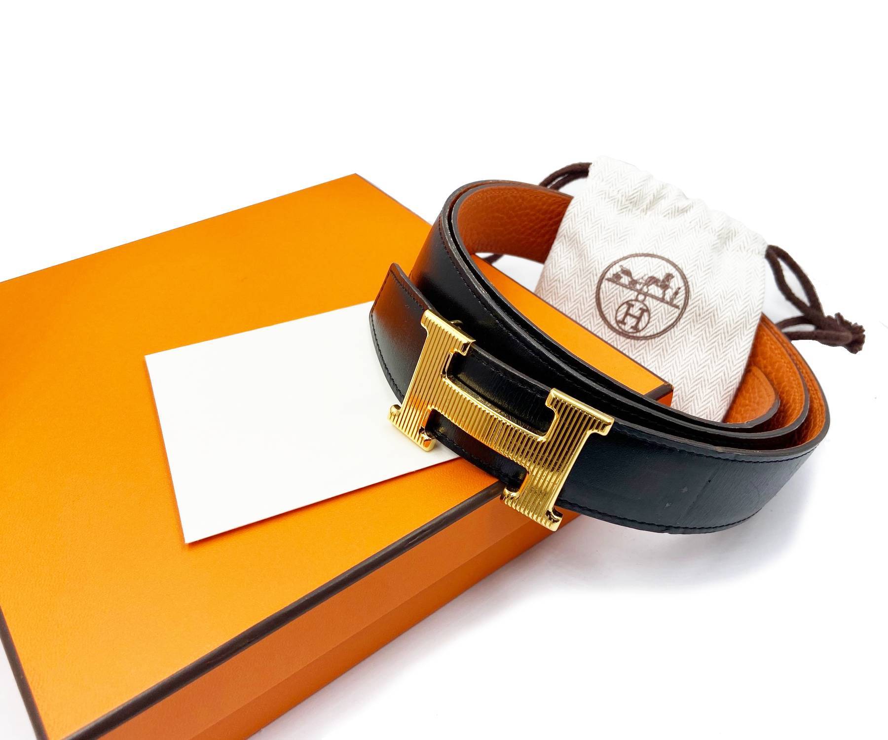 Hermes Rare Constance 32mm Gold Stripy H Black Orange Reversible Belt 90cm - Image 2