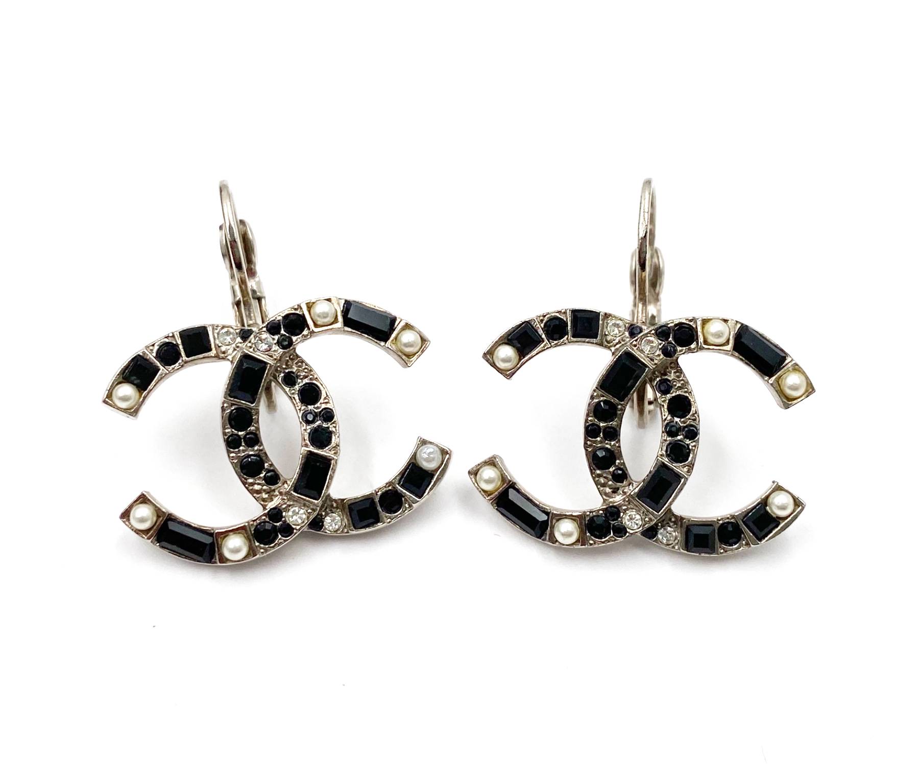 Chanel Silver CC Black Baguette Crystal Pearl XL Lever Back Piercing  Earrings