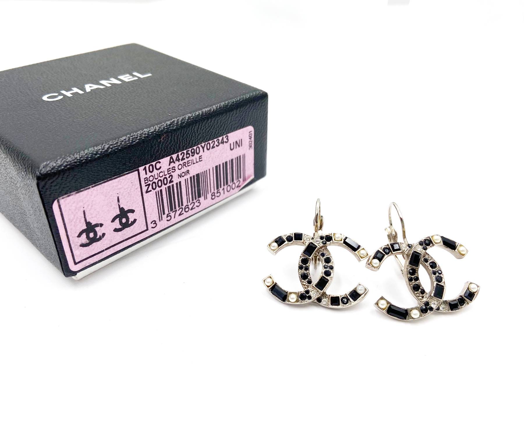 Chanel Silver CC Black Baguette Crystal Pearl XL Lever Back Piercing Earrings - Image 2