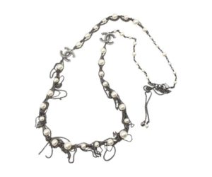 Chanel Gunmetal Pearl Dangling Chain Long Necklace