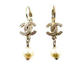 Chanel Gold CC Pink Crystal Pearl Dangle Lever Back Earrings