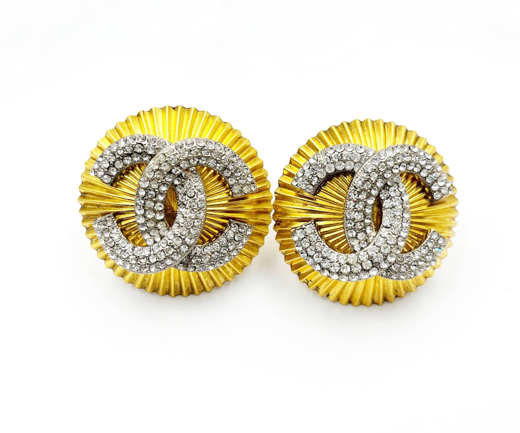 Chanel Super Rare Vintage Gold Plated Round Silver CC Crystal XXL Clip on Earrings