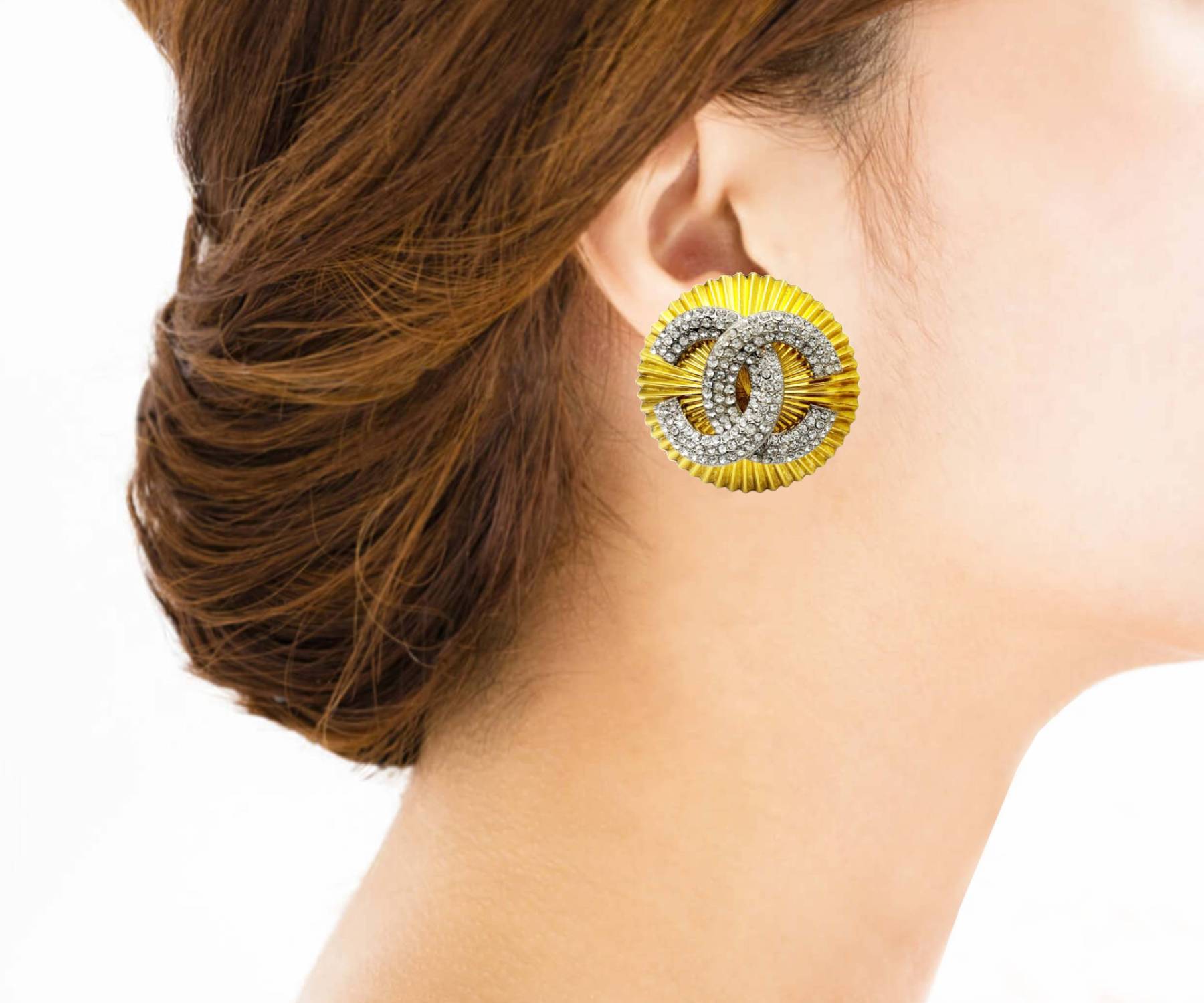 Chanel Super Rare Vintage Gold Plated Round Silver CC Crystal XXL Clip on Earrings - Image 5