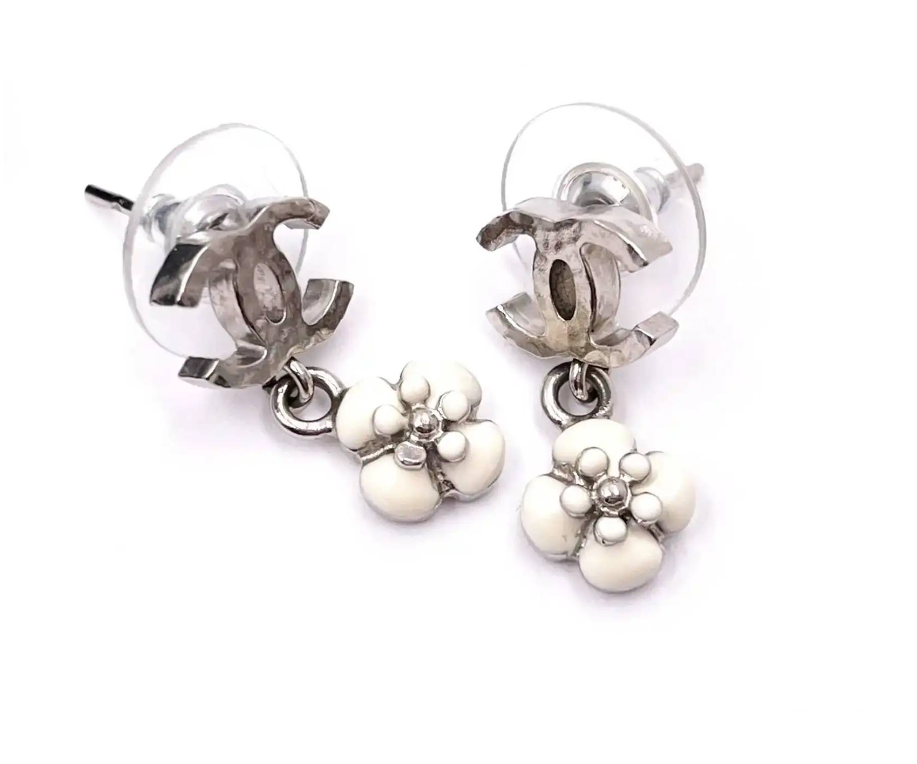 Chanel Silver CC White Flower Dangle Piercing Earrings
