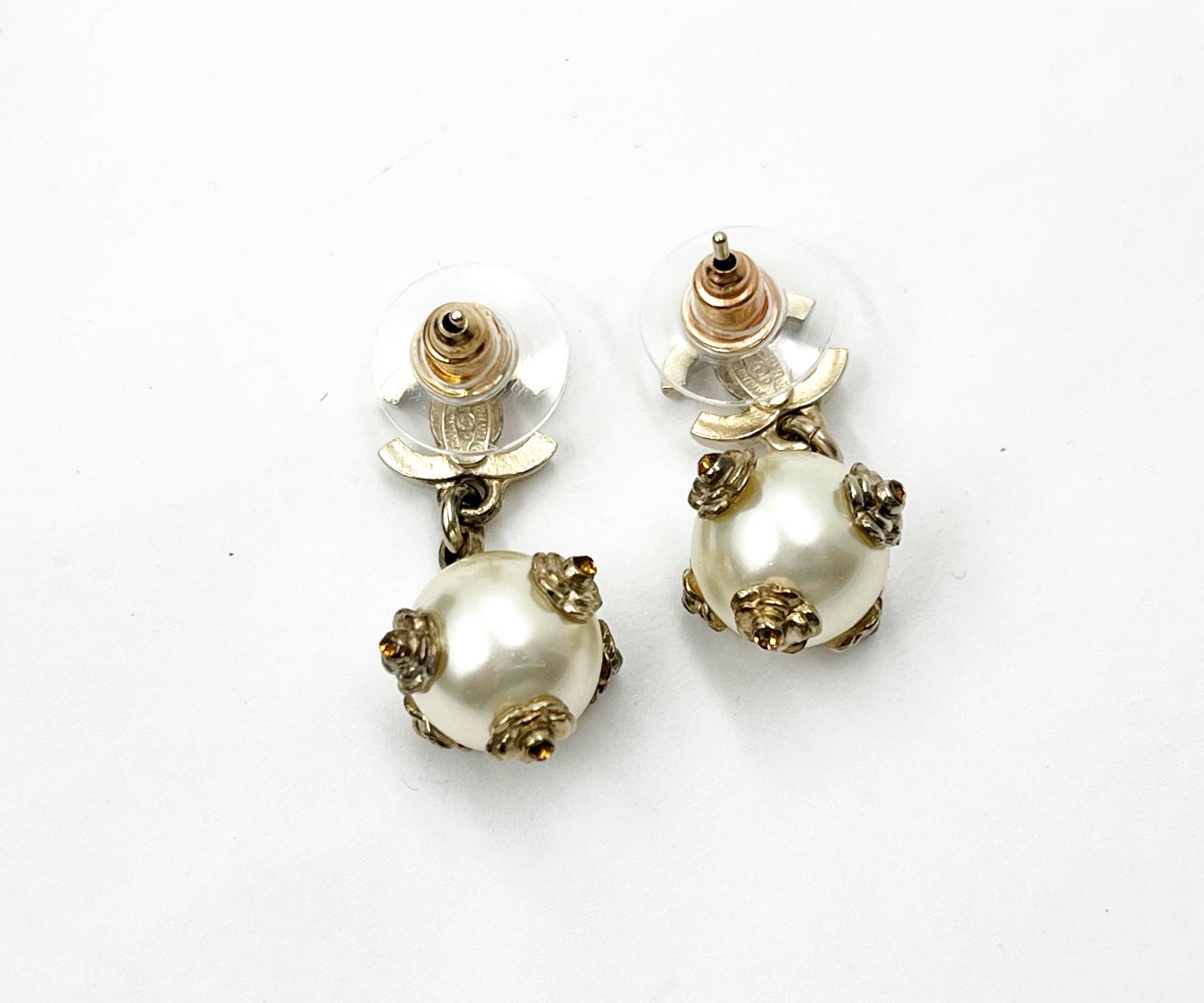 Chanel Gold CC Mini Camellia Flower Pearl Dangle Piercing Earrings