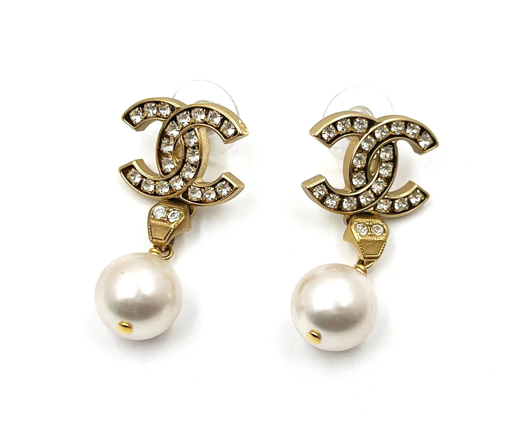 Chanel Gold Plated CC Crystal Medal Pearl Dangle Piercing Earrings - Image 2