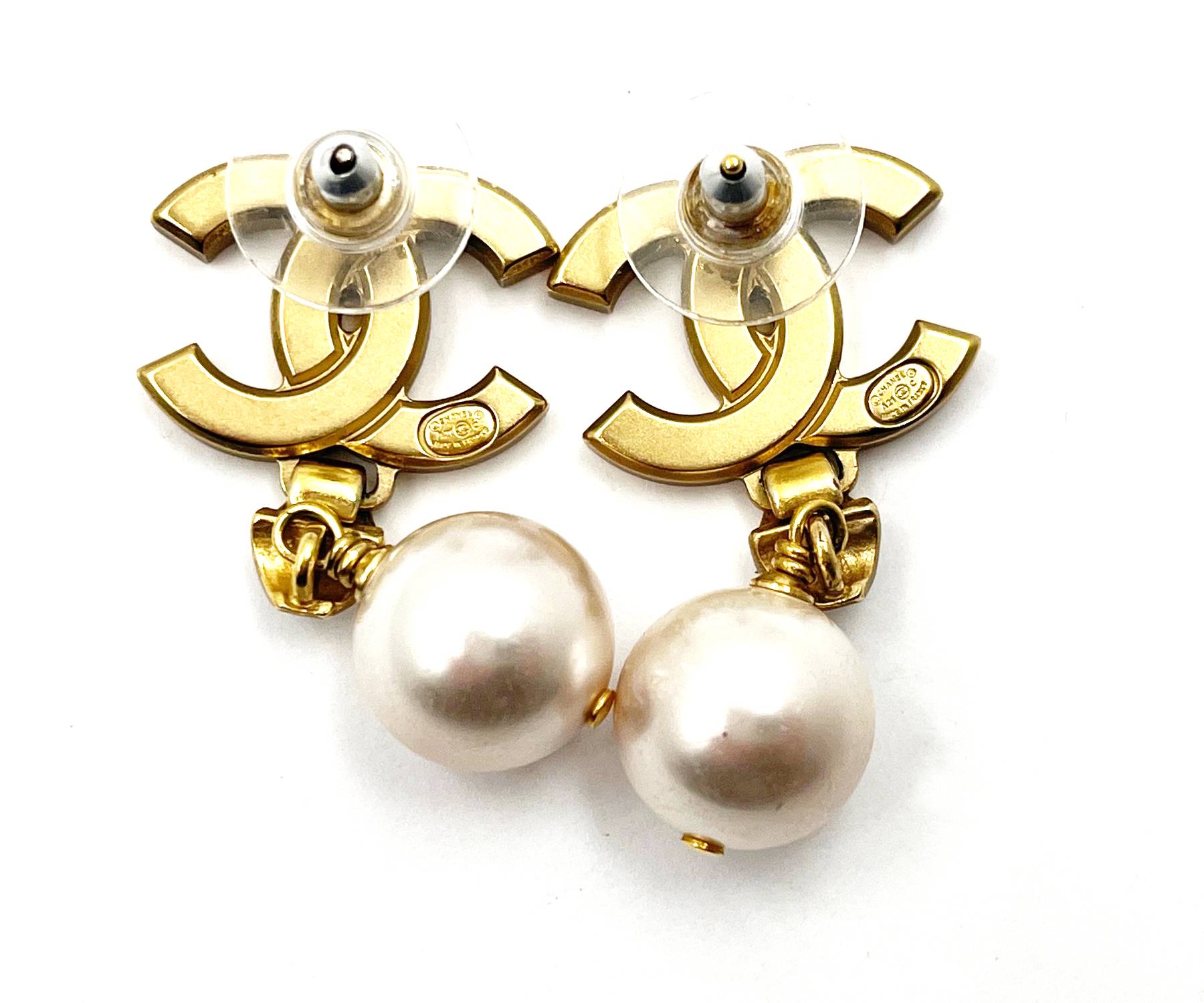 Chanel Gold Plated CC Crystal Medal Pearl Dangle Piercing Earrings - Image 3