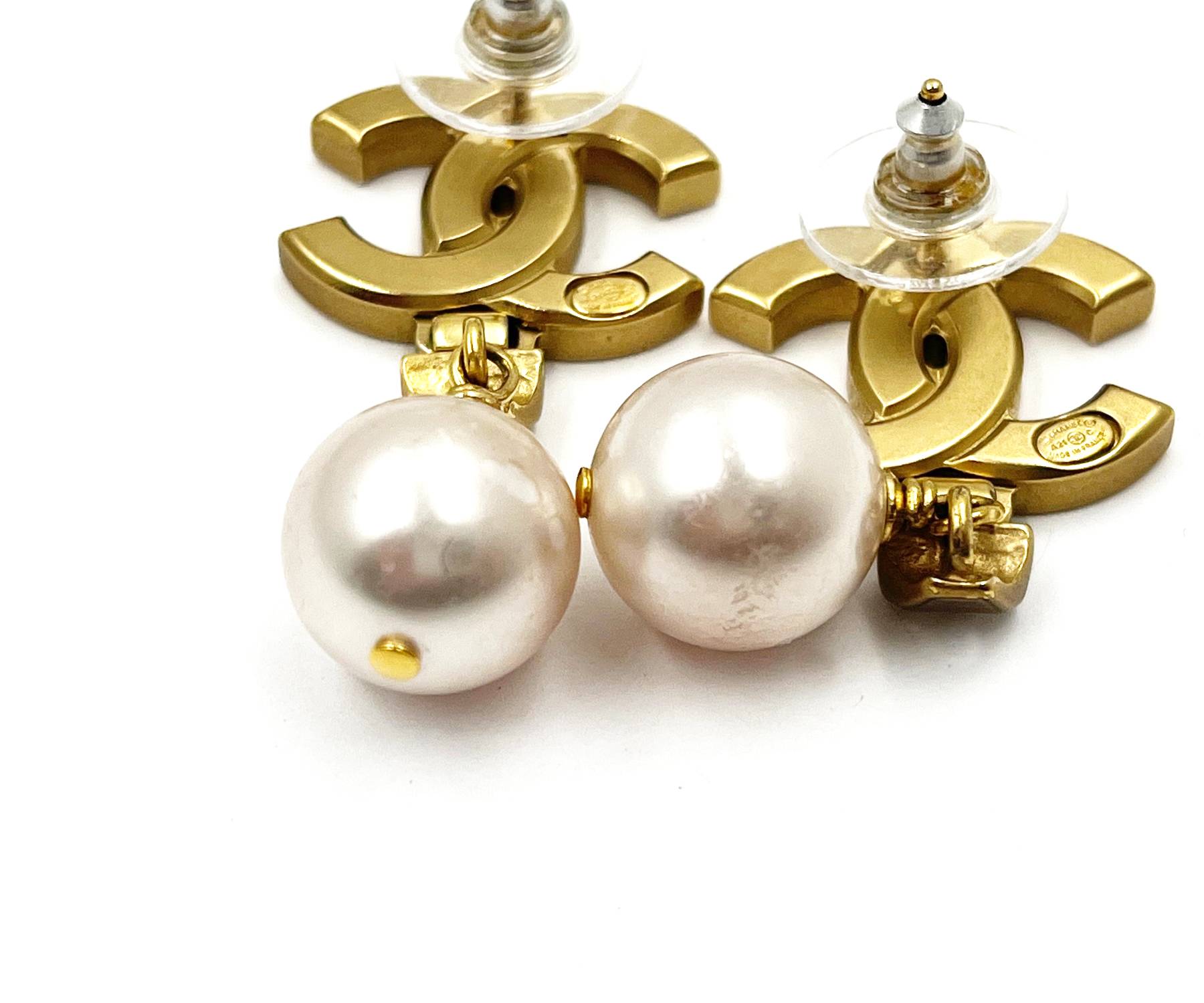 Chanel Gold Plated CC Crystal Medal Pearl Dangle Piercing Earrings - Image 4