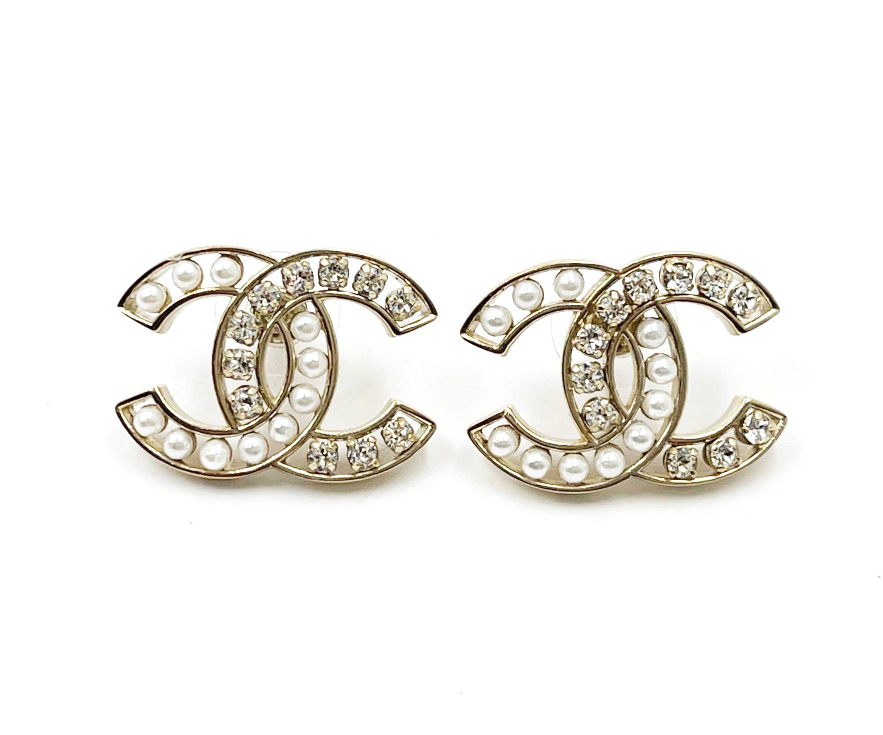 Chanel Gold CC Frame Pearl Crystal Large Piercing Earrings
