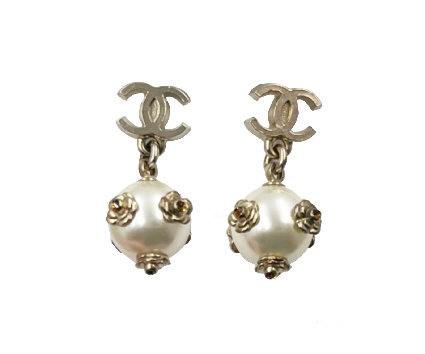 Chanel Gold CC Mini Camellia Flower Pearl Dangle Piercing Earrings - LAR  Vintage