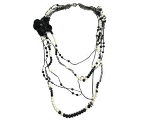 Chanel Black CC Beaded Flower Pin Black Bead Pearl 5 Strand Necklace