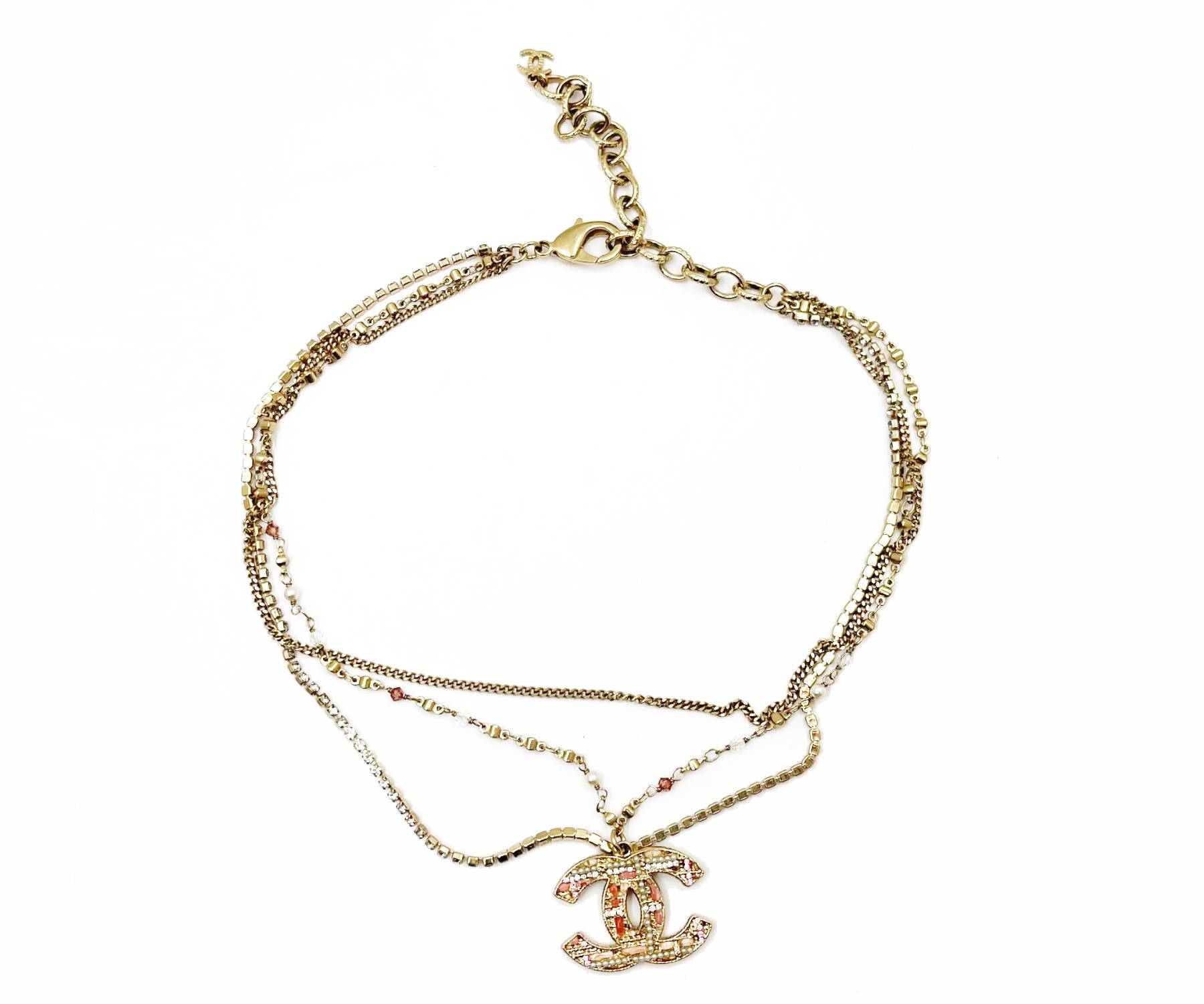 Chanel Gold CC Pink Stone Pearl Plaid Multi Chain Necklace