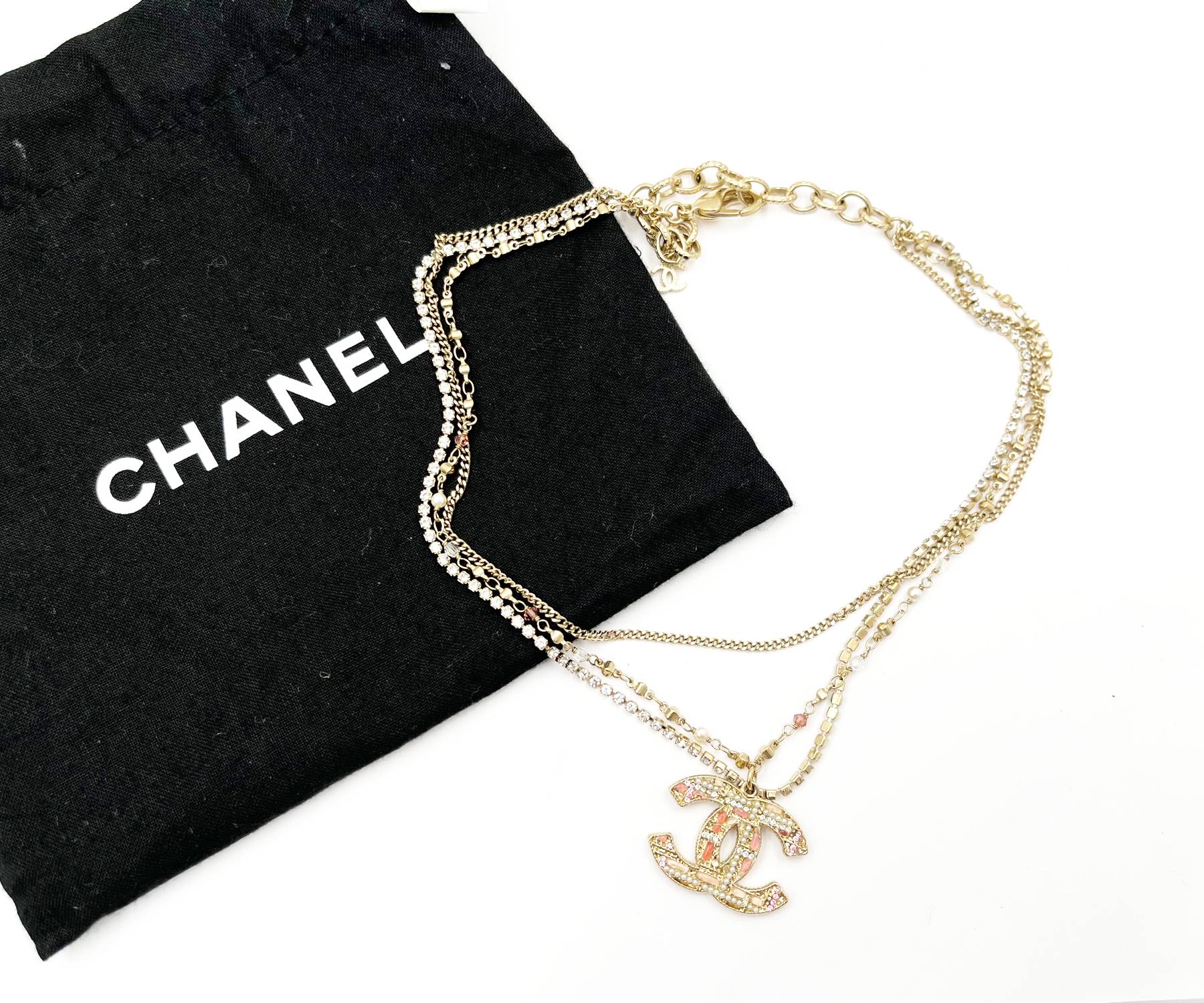 Chanel Gold CC Pink Stone Pearl Plaid Multi Chain Necklace - Image 2